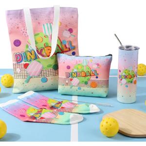 Geiserailie 4 Pcs Dinkball Gifts for Women Include 20 oz Stainless Steel Tumbler with Lid and Straw Cosmetic Bag Novelty Crew Socks Tote Bag for Women Birthday Mothers Day Dinkball Lovers