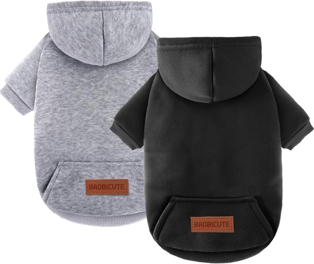 2 Pack Dog Hoodie Warm Hood Dog Sweater Cold Weather Small Dogs Sweatshirt Comfort Pet Clothes for Small Medium Dogs with Pockets Cats Chihuahua Clothes for Male Female Girl Boy Sporty Daily Wear (XXS (Back: 5.9",Chest: 10.6", 0.8-1.8lbs), Black+Grey)