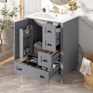 Merax 24" Bathroom Vanity with Integrated Ceramic Sink, Door-Mounted Double-Layer Shelf, Soft-Close Drawers & Cabinet, Black Zinc Handles, Compact Single Vanity for Bathroom, Grey, 24" W x 18.3" D x 34" H