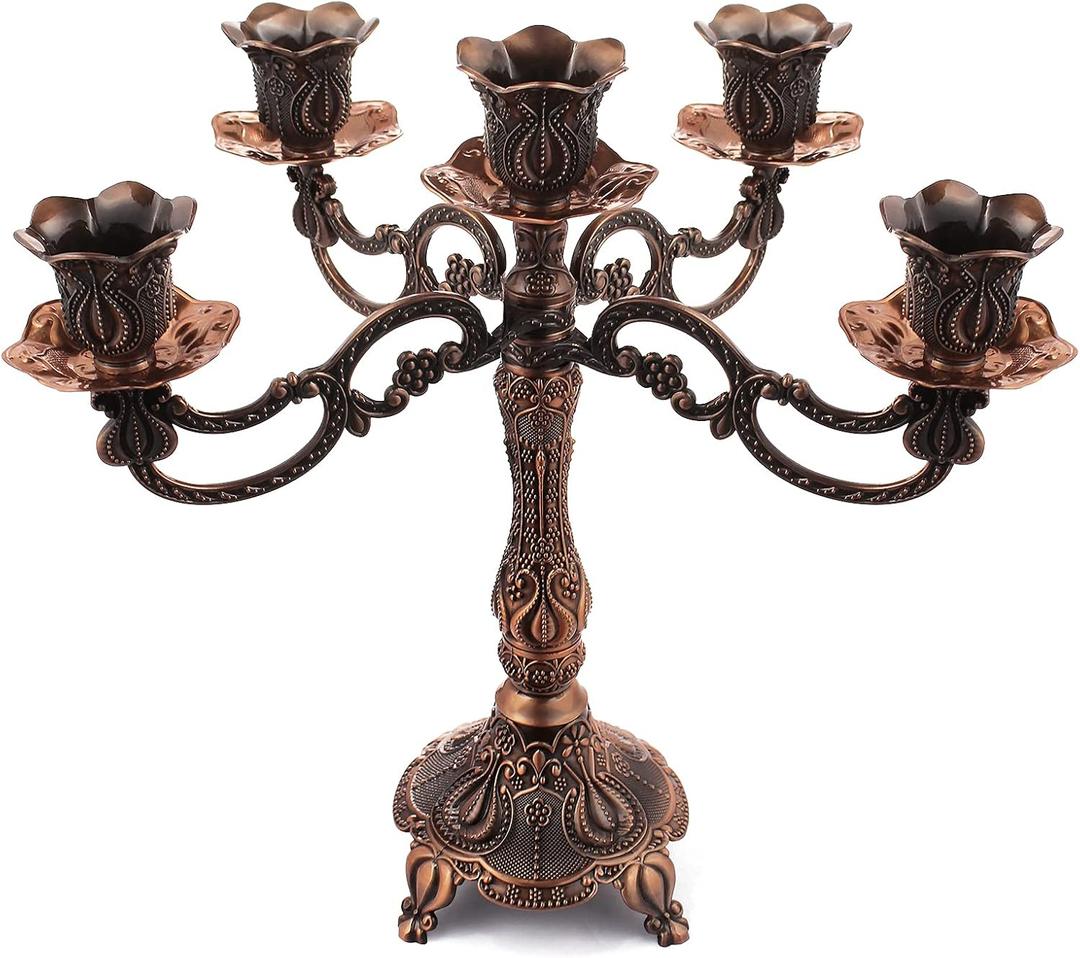5-Candle Metal Candelabra 10.3 Inch Tall Candlestick Candle Holders for Home Decor Wedding Christmas Church Halloween Party, Red Bronze Tulip