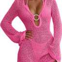 ANRABESS Women Swimsuit Coverup Swimwear Crochet Bathing Suit Beach Dress, Hot Pink, Large
