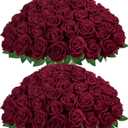 InnoGear 50 Pcs Burgundy Roses Artificial Flowers, Fake Velvet Silk Red Rose Bulk Faux Flower for Decoration Wedding Centerpieces Proposal Bridal Bouquets Shower Party Home Floral Decor (50, Burgundy)