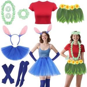 2 Pack Hawaiian Costume for Women Adults, Hawaiian Luau Hula Skirts Outfit Tropical Tutu Dress Set Includs Headband Necklace Bracelet Red T-shirt for Halloween Beach Party Holiday Hula Dress-Up