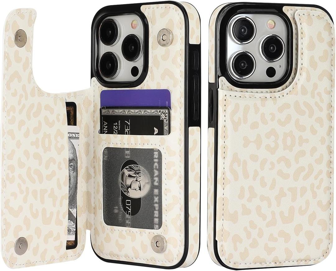 HAOPINSH for iPhone 15 Pro Wallet Case with Card Holder, Cream-Coloured Leopard Cheetah Back Flip PU Leather Kickstand Card Slots Case for Girls Women, Double Magnetic Clasp Shockproof Cover 6.1"