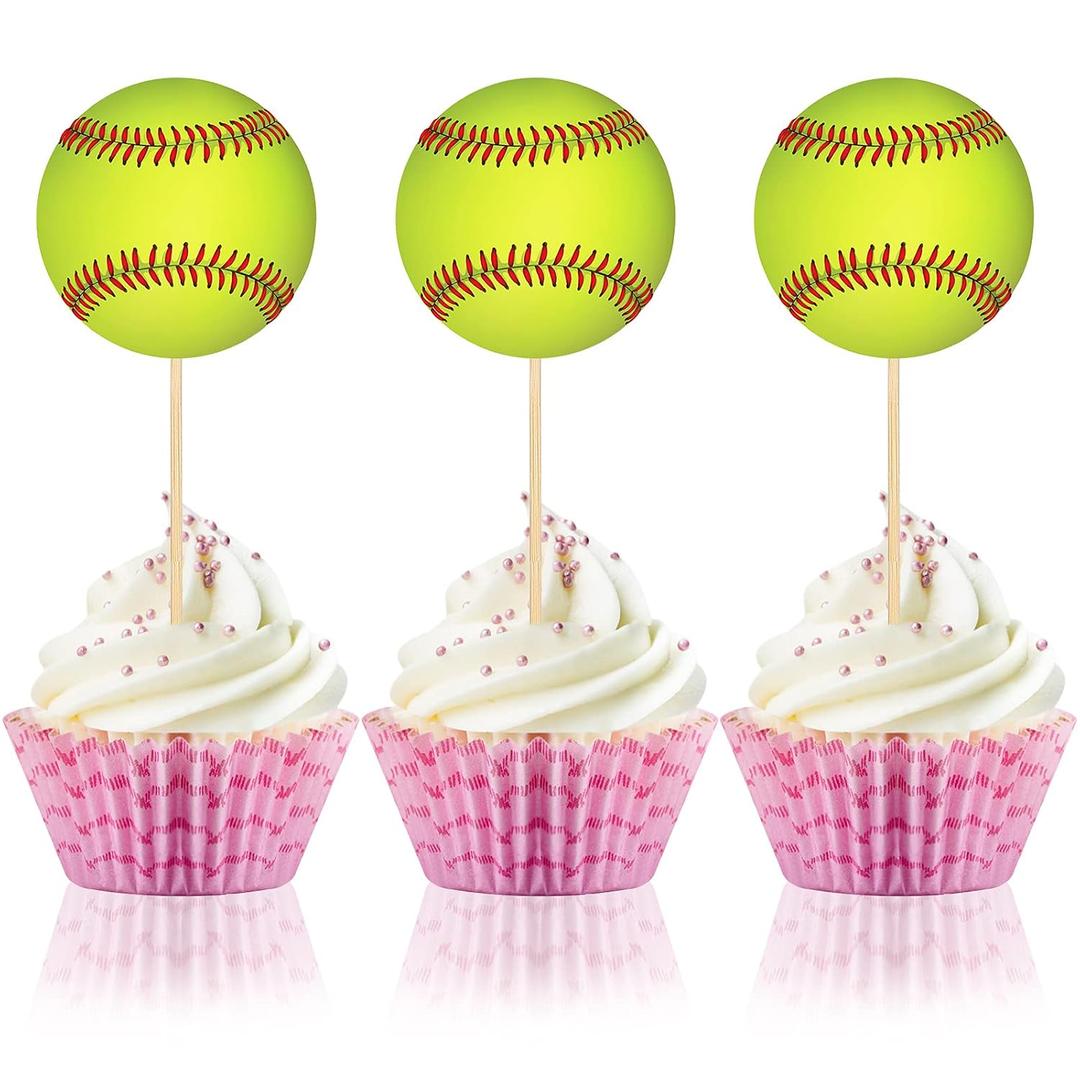 48 Pieces Softball Themed Cupcake Toppers Yellow Baseball Cake Picks Birthday Cake Decorations Cupcake Toppers for Men Boys Girls Sports Party Supplies Decor Ornament Wedding Plates Games Sticks