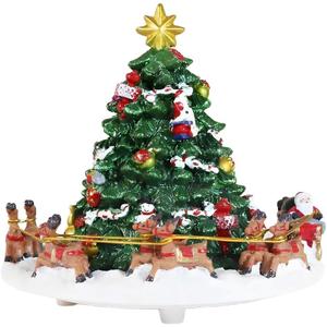 Lightahead Musical Christmas Tree with Rotating Santa Sleigh & Reindeer  Plays Classic Holiday Tunes  Polyresin Music Box Decoration