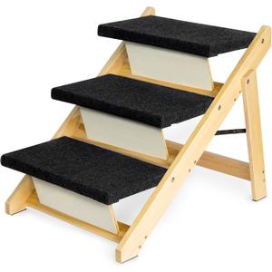 BRIKY 19.5" H Dog Stairs for Small Dogs, Non-Silp Wooden Dog Steps for Bed and Couch, Foldable 3-Step Pet Stairs for Medium Dogs and Old Cats, No Assembly Required