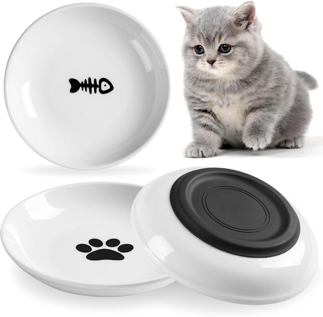 WROSWT Cat Food Bowl,Healthy Ceramic Cat Bowls for Indoor Cats,Anti Whisker Fatigue Cats Dishes Set,Shallow Wide Kitten Plates for Food and Water,Non-Slip Silicone Bottom,3 Pack