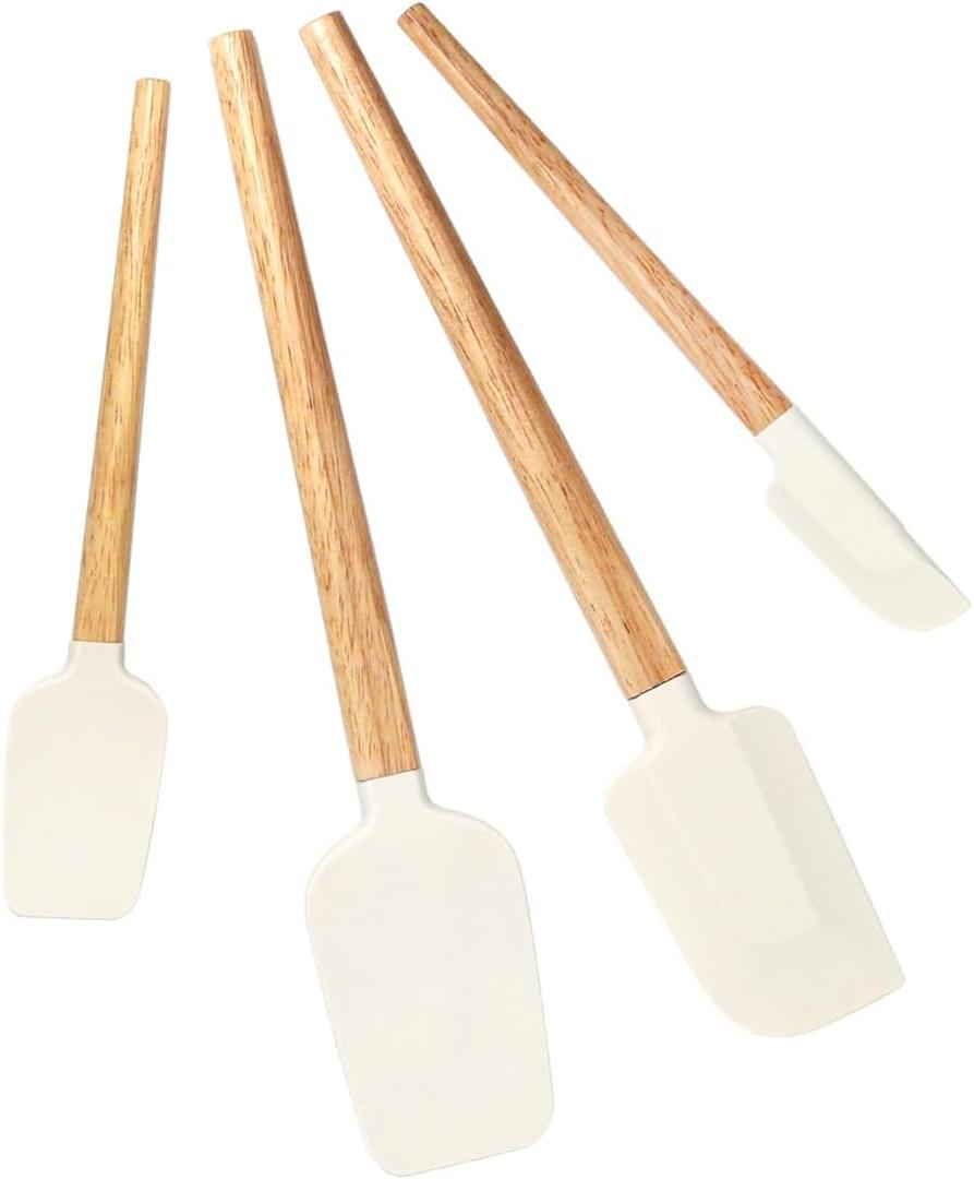 Silicone Spatula Set, Food Grade Rubber Spatula Off White-4 Piece Nonstick Rubber Spatulas with Wooden Handle, Spoonula, Jar Scraper for Cooking, Baking, Mixing, Frosting - Heat Resistant Up to 600F