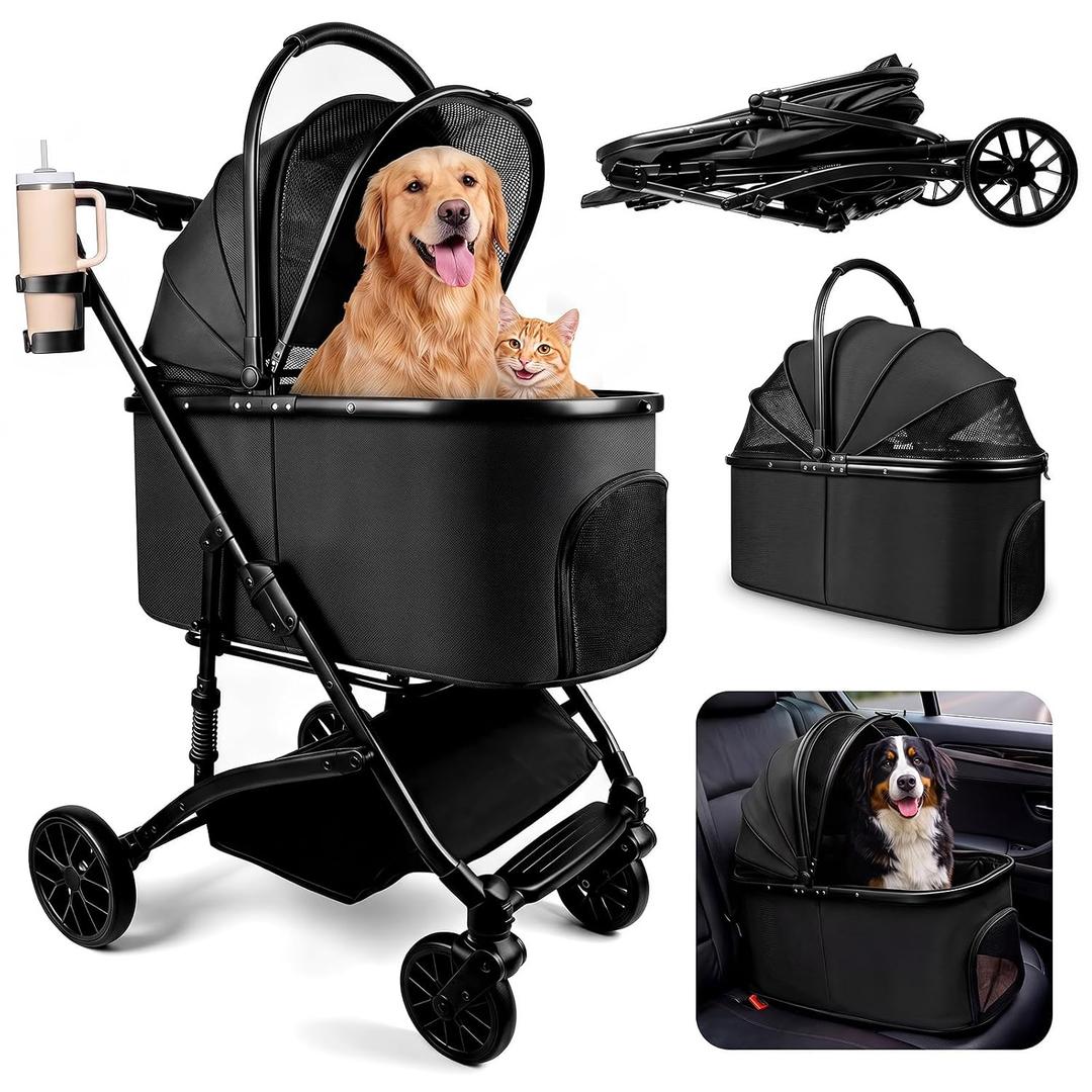Heavy Duty Pet Stroller, 3-in-1 Dog & Cat Stroller with Detachable Carrier & Car Seat, 132 lbs Capacity for 1 Large/2 Medium Pets, Aluminum Alloy Frame, Shock Absorption, One-Touch Dual Brake, Black