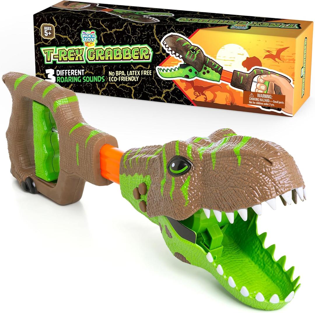 Dinosaur Grabber Toy with Light Up Mouth Chomper and 3 Prehistoric Roaring Sounds, Fun and Interactive Claw Dino Reacher, Jurassic T-Rex, Ages 5+