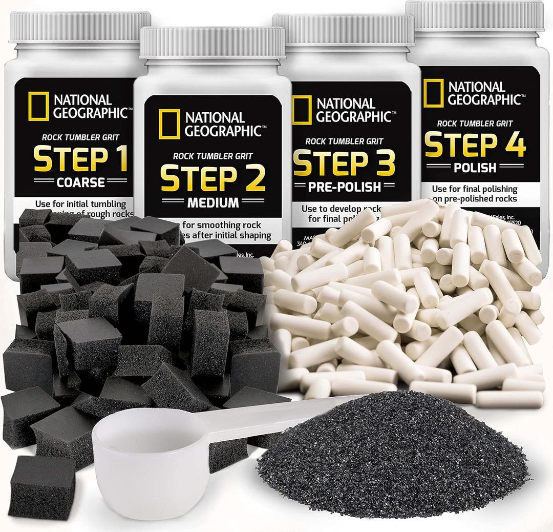 National Geographic Rock Tumbler Media  The Ultimate Rock Polishing Supplies Kit, 4 Stage Bulk Grit, 1.5 Pounds of Ceramic Pellets, GemFoam Polishing Tumbling Media