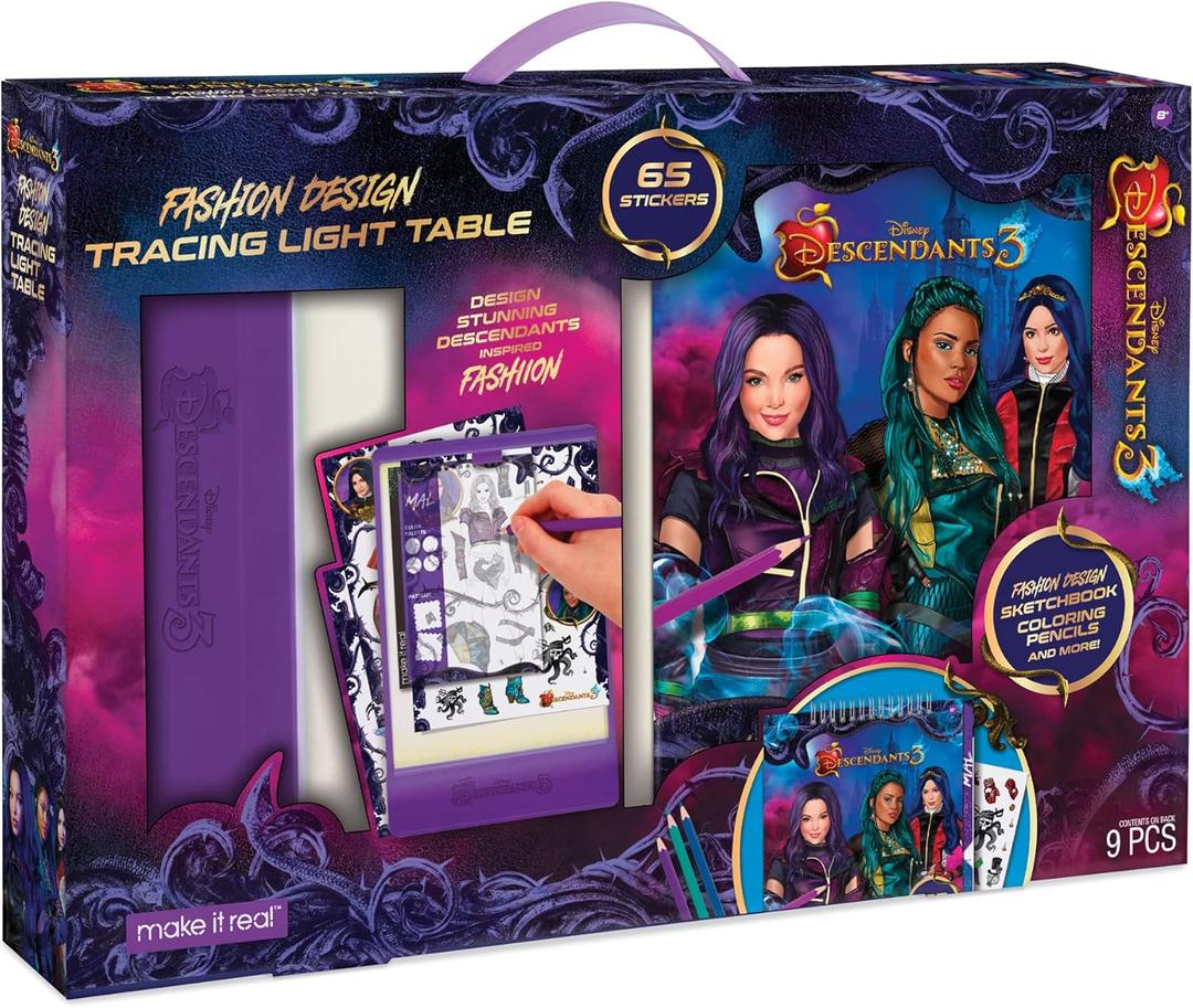 Make It Real Disney Descendants 3 Fashion Design Tracing Light Table for Girls - 9-Piece Set with Sketchbook, Stickers, Tracing Pages, Light-Up Table - Creative Drawing Kit, Ages 8+