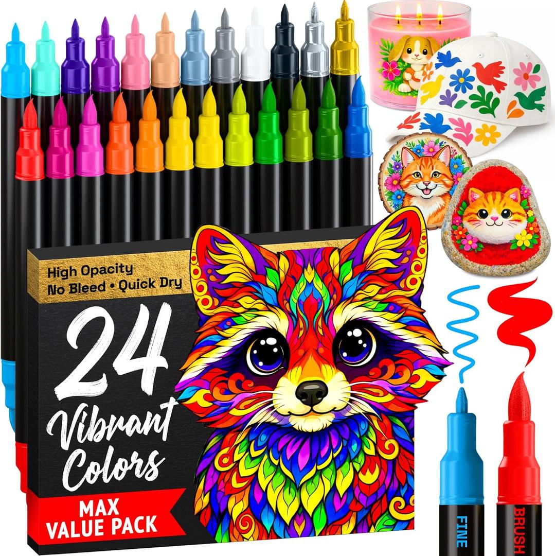 22 x ARTISTRO 24 Acrylic Paint Markers - Paint Pens for Drawing, Brush + Fine Tips - For Fabric, Rock, Glass, Wood, DIY - Art & Craft Supplies for Adults, Teens, Kids - Teacher Appreciation Gift