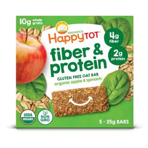 HAPPYTOT Organics Fiber & Protein Soft-Baked Oat Bars Toddler Snack Apple & Spinach, 0.88 Ounce Bars, 5 Count Box (Pack of 6) (EXP 01/26/27)
