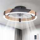 Garwarm 20IN Low Profile Ceiling Fans with Lights and Remote, 30W Fandelier Ceiling Fan Flush Mount,3000K-6500K Dimmable Bladeless LED Fan Light for Bedroom Kitchen Living Room Dining Room (Black and Faux Wood Grain)