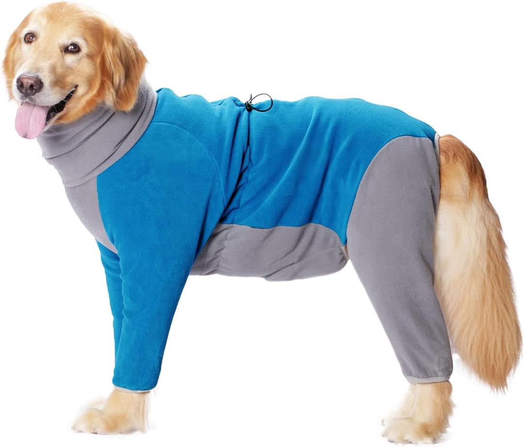 Dog Winter Coat for Large Medium Small Dogs, Warm Fleece High Collar Full Body Dog Jumpsuit Comfortable Onesie Apparel (Blue, 3X-Large) (3XL(Reference Weight 33-53 lbs))