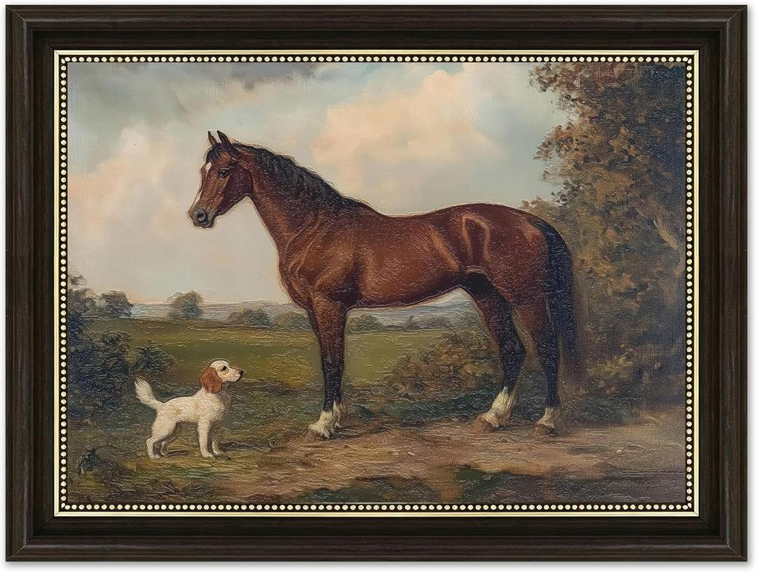 Dark Brown Framed Vintage Rustic Canvas Wall Art, 3D Textures Horse and Dog Painting Picture Wall Decor, Farmhouse Animal Poster Print Artwork for Country Living Room, Home Decoration 9x11in