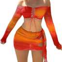 SOLY HUX Women's 3 Piece Bathing Suit Gradient Off Shoulder Long Sleeve Swimsuit Bikini Sets with Beach Skirt XL