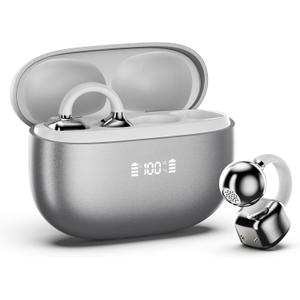 PAXA Clip On Earbuds, Clipbuds7 Open Ear Earbuds Wireless Bluetooth 5.4 with LED Display, Auto L-R Ear Recognition and Touch Control, Ultra-Light 4.5g Fit Comfort for Sports Fitness Daily Use, Silver