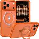 Magnetic Ring Stand Case for iPhone 17 Pro Max - 120 rotatable Stand, Shockproof, Non-Slip, N52 Magnet, Matt Transparent Back, Easy to Clean, Military Standard Drop Protection (Orange)