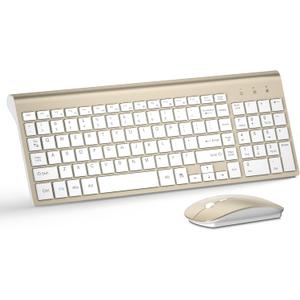 Wireless Keyboard and Mouse Ultra Slim Combo, TopMate 2.4G Silent Compact USB 2400DPI Mouse and Scissor Switch Keyboard Set with Cover, Batteries Included, for PC/Laptop/Windows/Mac - Gold White