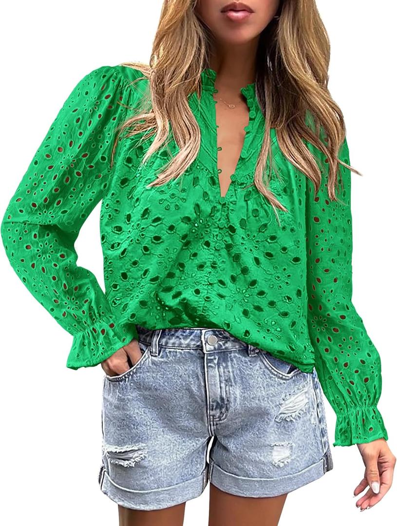 PRETTYGARDEN Women's Dressy Casual Blouse Tops Fall Spring Puff Long Sleeve Button V Neck Hollow Out Lace Embroidered Shirts (Green, S)
