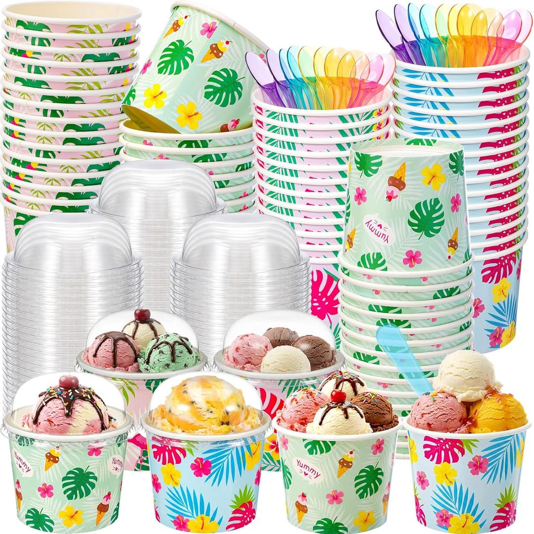 Remerry 60 Pack 6 oz Hawaiian Ice Cream Cups with Lids 100 Spoons Disposable Tropical Luau Ice Cream Bowls Flamingos Snack Cups Palm Leaf Bowls for Summer Birthday Flamingo Party Supply Decoration