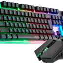 Wireless Gaming Keyboard with knob and Mouse Combo USB Dongle 2.4G Rechargeable 3000mAH Battery RGB Backlit Stainless Panel 4200DPI Side Button Mice for PC Laptop Compatible with Windows 8/9/10 MacOS