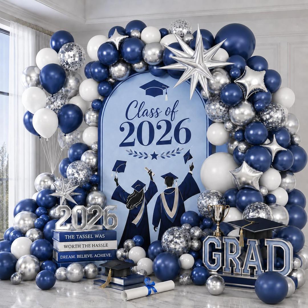 Blue Silver Balloon Garland Arch Kit, Navy Blue White Balloon Arch Kit, Metallic Silver Confetti Balloons Star Foil Balloons for Graduation Father's Day Dad Birthday Wedding Baby Shower Party Decor