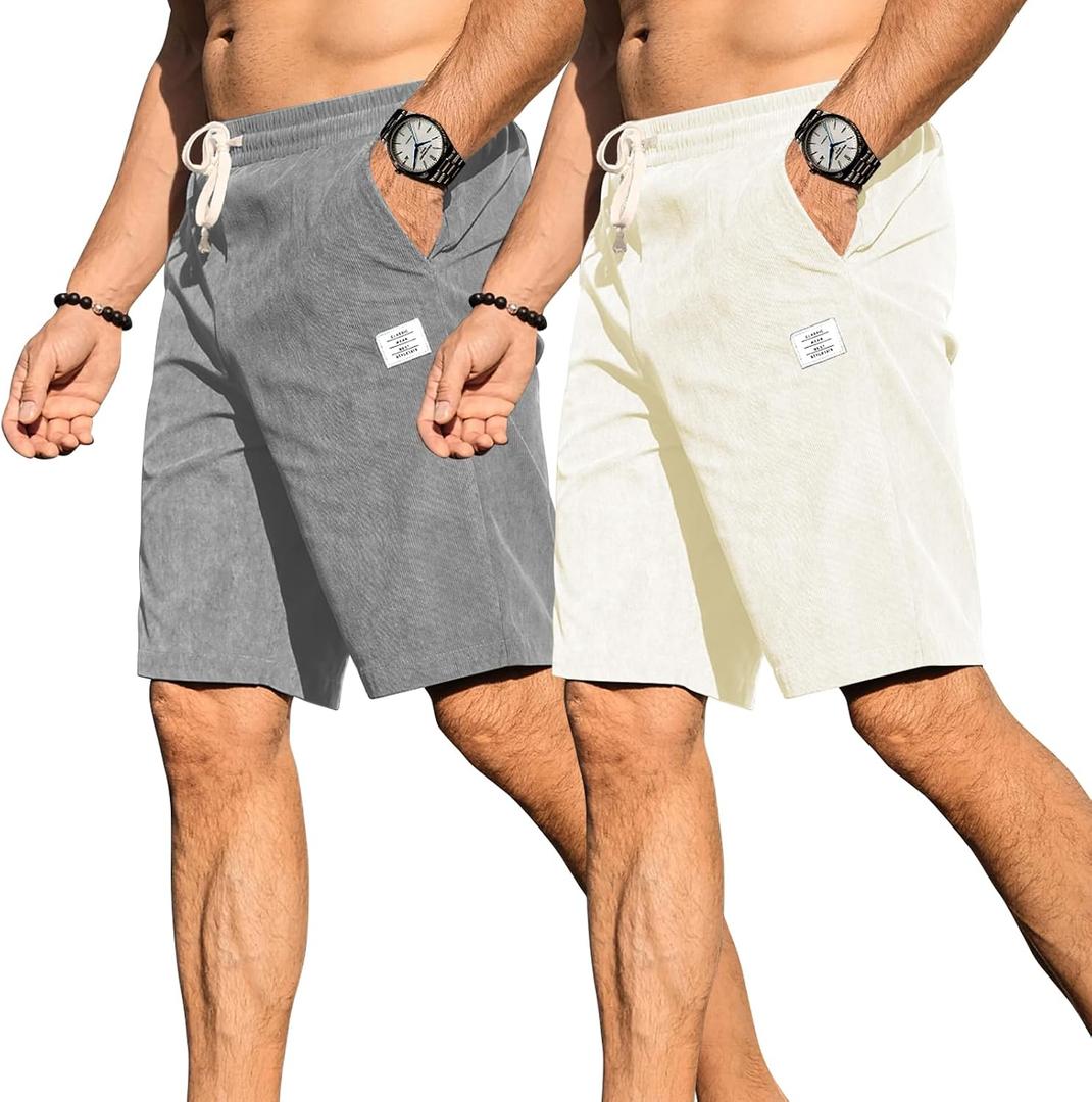 Men's Corduroy-Style Shorts Elastic Waist Drawstring 7 Inch Inseam Polyester Casual Shorts with Pockets (XL)