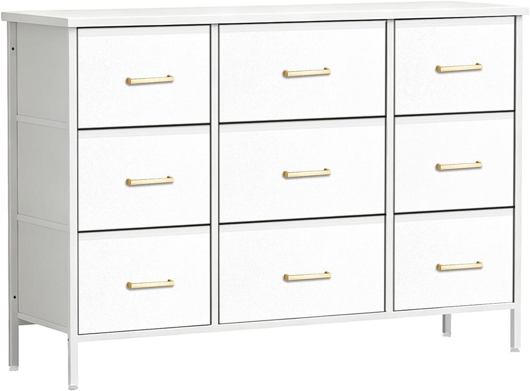 VASICAR 43.3'' Wide TV Stand with 9 Drawers White Dressers for Kids Bedroom, 11.8"D x 43.3"W x 29.9"H