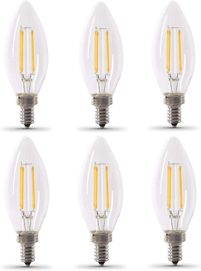 Feit Electric 40W Equivalent Candelabra LED Light Bulb, Dimmable, E12 Base, 2700K Soft White, B10 Filament Torpedo Tip Decorative Lighting Bulbs, 13-Year Lifetime, CTC40/927CA/FIL/6, 6-Pack (6 Count (Pack of 1))