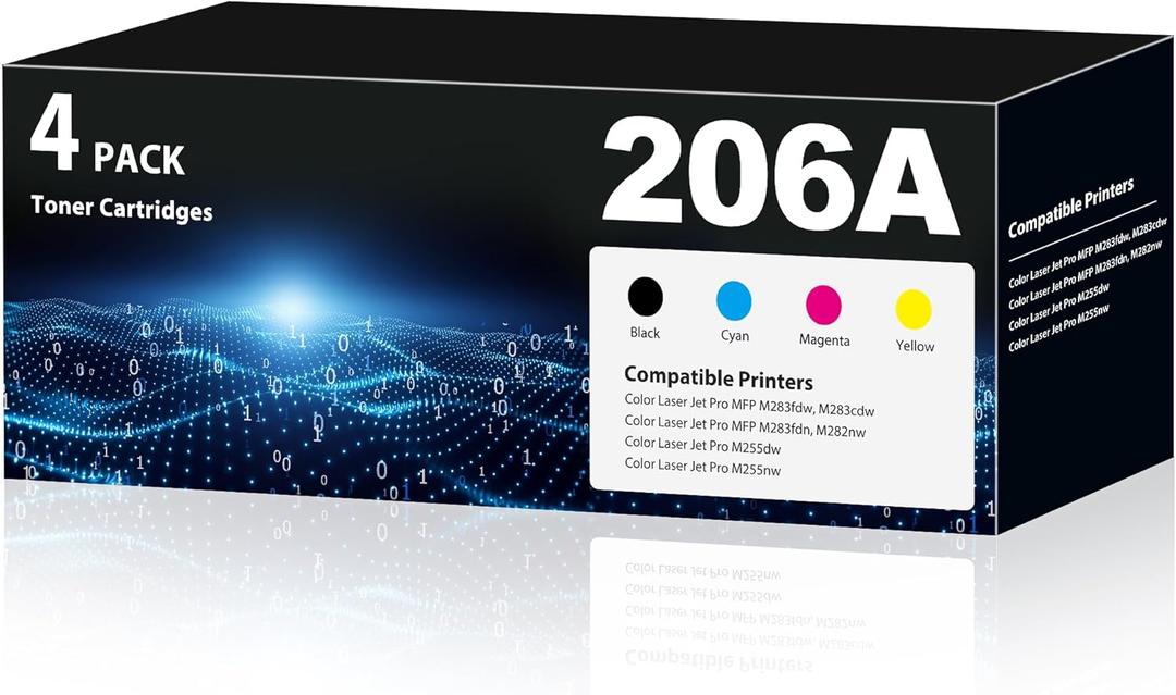 206A Toner Cartridges(with Chip) Pro MFP M283fdw M283cdw Compatible with HP 206A 206X HP206A W2110A Toner Cartridges Set for Color Laserjet Pro MFP M283cdw M283fdw M255dw M255nw Printer(4 Pack) (1Black/1Cyan/1Yellow/1Magenta 206A)