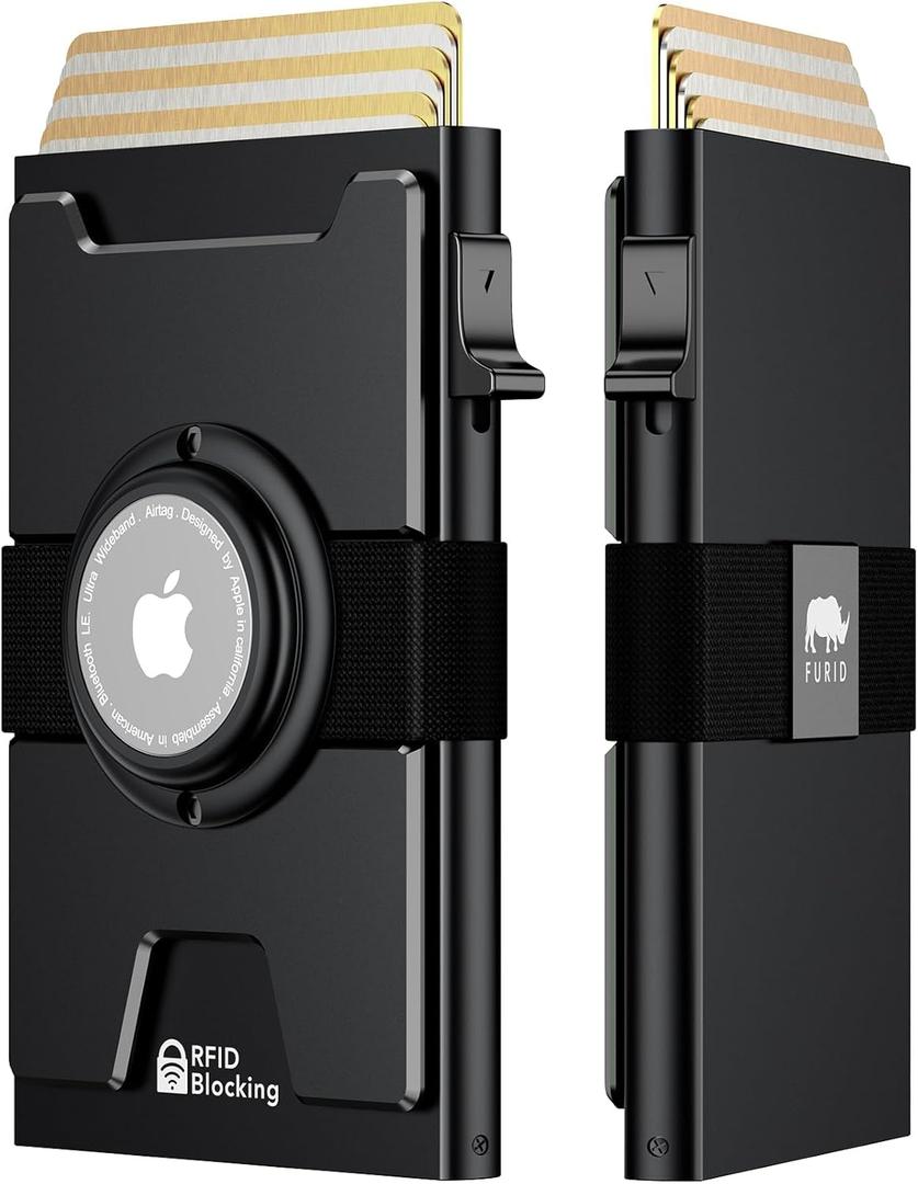 furid Smart Airtag Wallet Men: Metal Wallet with Airtag Holder - Apple Air Tag Wallet for Men Airtag, Slim Minimalist Pop Up Card Wallet (A1-Black)