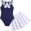 OYOANGLE Girl's Cute Bow One Piece Swimsuit with Ruffle Beach Skirt Cover Up Sporty Bathing Suits (Blue and White, 9Y)