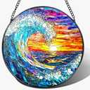 Stained Glass Window Hanging, Pauyadu 8 Inch Sea Waves Stained Glass Suncatcher, Sunset on The Beach Window Decor, Gift for Beach Lovers, Natural Gifts, Christmas, Mother's Day, Housewarming Gifts