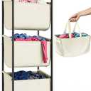 3 Section Laundry Sorter with Removable Bags, 120L Rolling Vertical Laundry Hamper, Stackable Laundry Baskets organizer for Bathroom, Apartment, Dorm (Beige, With Wheel)