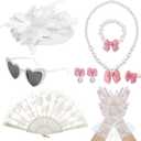 Fumwase 8Pcs White Tea Party Accessories Set Tea Party Gloves Hats Necklace Fan Bracelet Earrings Sunglass Ring for 20s 50s Spring Party Decoration Accessories Halloween