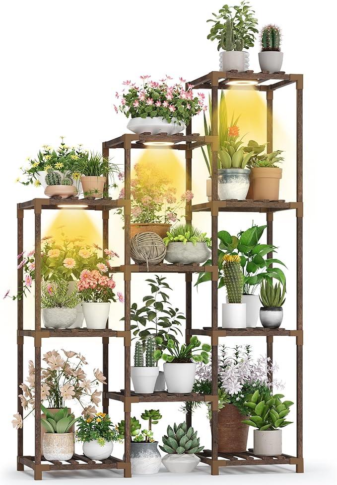 Sttoraboks Wooden Plant Stand Indoor with Grow Light, 4Tier Ladder Plant Shelf for Balcony, Living Room, or Corner | Carbonized Wood Plant Holder for Indoor Use, SpaceSaving Design