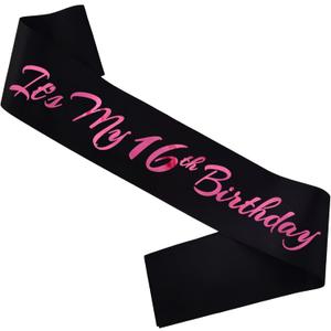 It's My 16th Birthday Sash, Black Pink Birthday Sash for 16th Bday Party Supplies, Gifts for Girls Bday Party Favors