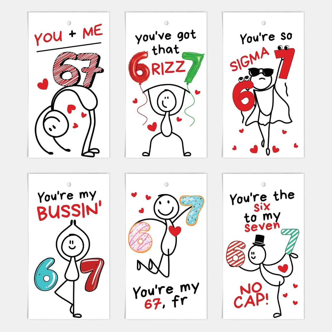 24-Pack Slang 67 Valentine Cards for Kids, Class Valentines Day Gifts for Kids, Trendy Stickman Designs for Classroom & School, Gen Alpha Gifts for Gen Alpha Kid, Teens, Tweens, Bulk Set Six Seven Cards (Stickman 67)