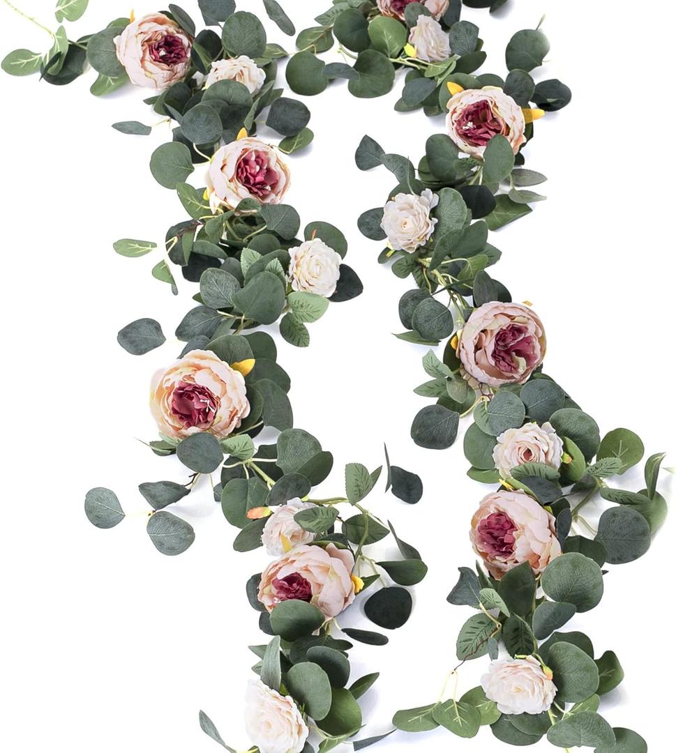 MISSPIN 2pcs Artificial Flowers Garland Spring Eucalyptus Garland Vintage Fake Flower Peony Rose Vine Greenery Decorative Wall Hanging Plant for Wedding Arch Door Arrangement Party Decor