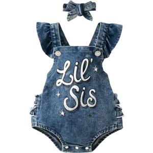 Baby Girls Summer Denim Romper Clothes Dress Newborn Onesie Sunsuit 3 6 9 12 18 Months One-Piece Jumpsuits Outfits (Blue-lil Sis)
