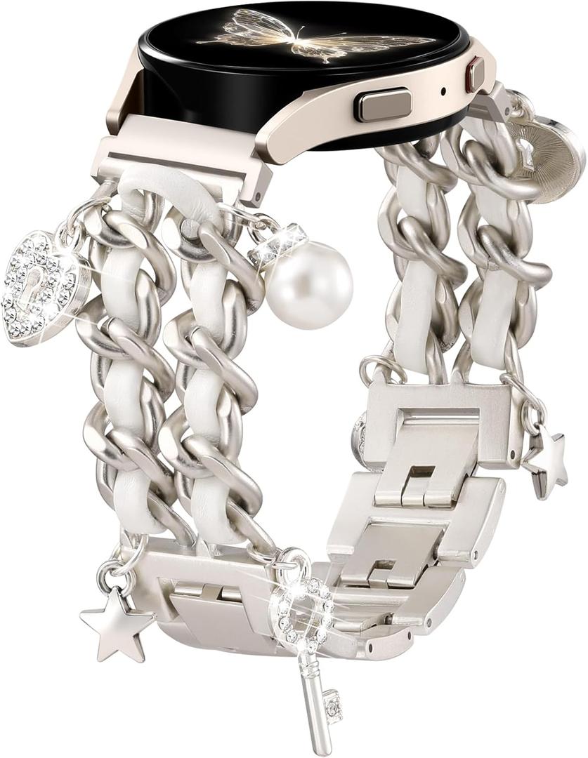 Stylish Metal Band Compatible with Samsung Galaxy Watch 7 Band/FE 6 5 4 40mm 44mm,Galaxy Active 2, 20mm Watch Strap Pretty Chain with Cute Decorative Charms Accessories for Samsung Watch Bands Women (Starlight Band/Key)