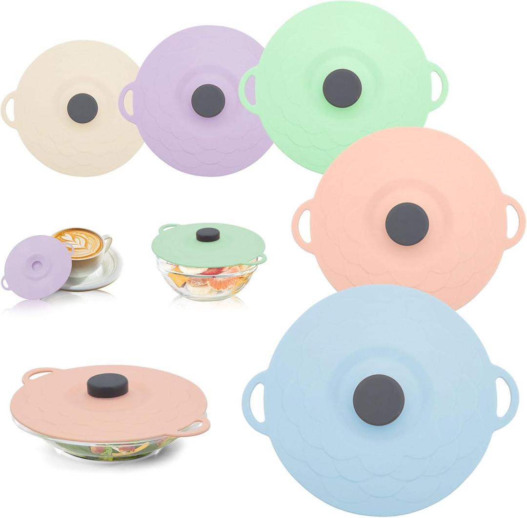 5 Pack Silicone Food Storage Lids, Silicone Bowl Lid Set,Microwave Splatter Cover, 5 Sizes Reusable Heat Resistant Suction Lids Fits, for cups, bowls, plates, pots, pans, refrigerators, etc.