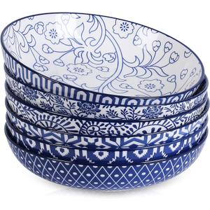 Selamica Porcelain 26 Ounce Pasta Bowls Set of 6, 8 inch Wide and Shallow Salad Bowls, Serving Bowls, Microwave & Dishwasher Safe, Sturdy & Stackable, Vintage Blue