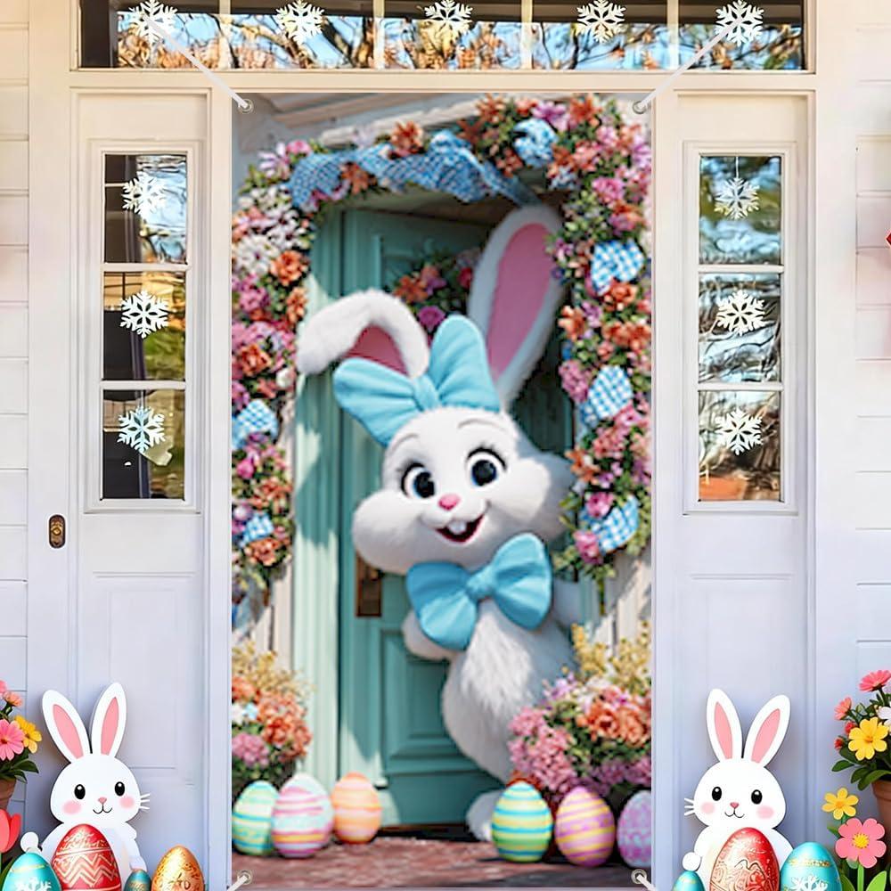 Cmialusie Door Banner Cute Bunny Floral Door Cover Spring Summer Front Door Decorations for Home Entryway Porch Party Decor 35.4x70.9 Inch (Colorful1330)