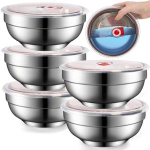 5 Packs 304 Stainless Steel Bowls, 31 OZ Double Walled Bowl with Airtight Lid, Leakproof Insulated Ice Cream Cereal Bowls, Lightweight Unbreakable Metal Serving Bowl for Soup Noodle Rice Snack