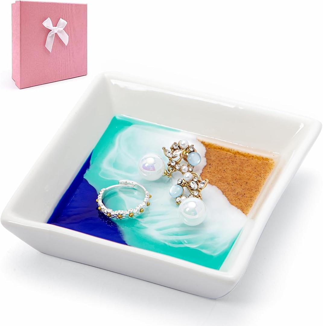Nefelibata Ocean Jewelry Tray Beach Dish Ceramic Resin Trinket Dish Jewellery Plate Engagement Wedding Ring Holder Necklace Ear Ring Storage Ocean Art Gift for Women Christmas Housewarming Present